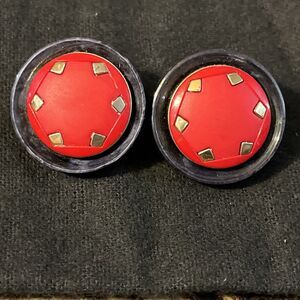 Unique Acrylic Button Clip On Earrings Black Red With Metal Stud Accents